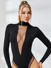 Sexy Deep V See-Through Mesh Patchwork Long Sleeve Bodysuit