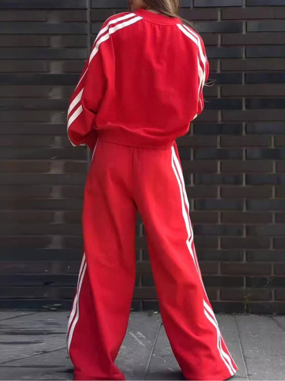 Contrast Color Stripes Big Heart Collar Pocket Casual Tracksuit