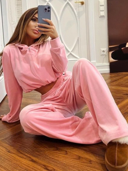 Velvet Zipper Pocket Hooded Casual Cropped Tracksuit