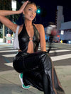 ZASUWA Female Halter Faux Leather Backless with Metal Ring Hollow Out Corset Tank