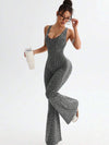 ZASUWA Female Sexy Leopard Print Hollow Out Cross Back Deep V Back Jumpsuit
