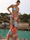 ZASUWA Female Sexy Backless Flowers Print Mesh 3-Pieces Bikini Set
