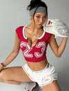 ZASUWA Female Red Deep V Print Ribbed Short Sleeves