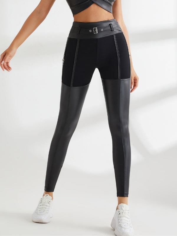 ❤PU Glossy Metal Buttons Hip-lift Leggings