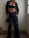 ZASUWA Female Sexy Glossy PU Faux Leather 2-piece Crop Top Long Sleeves