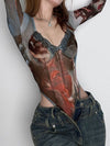 ZASUWA Female Hot Tie-dye Print Sexy Sheer Mesh Bodysuit