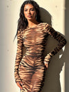 ZASUWA Female Tiger Stripe Print Round Neck Mesh Dress