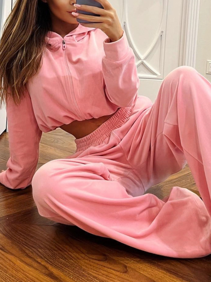 Velvet Zipper Pocket Hooded Casual Cropped Tracksuit