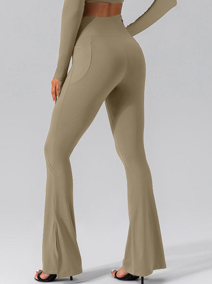 V-shape Waist Pocket Solid Color Split High-waisted Flare Pants