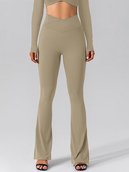 V-shape Waist Pocket Solid Color Split High-waisted Flare Pants