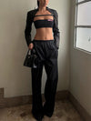 ZASUWA Female Sexy Glossy PU Faux Leather 2-piece Crop Top Long Sleeves