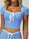 ZASUWA Female Contrast Color V-neck Lace-up Short Sleeves