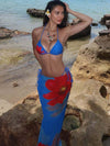 ZASUWA Female Halter Flower Print Mesh 3-Pieces Bikini Set