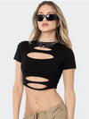 ZASUWA Female Sexy Solid Color Round Neck Hollow Out Short Sleeves