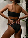 ZASUWA Female Solid Color Pearl Lace-up Hollow Out 3-Pieces Mesh Bikini Set