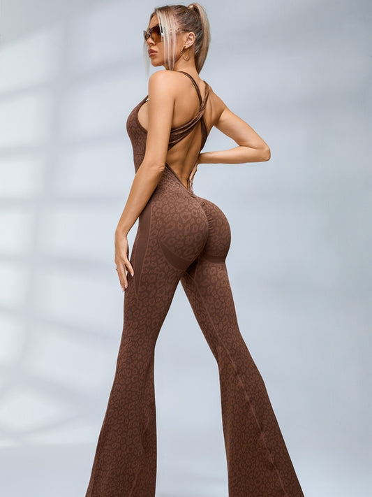 Sexy Leopard Print Hollow Out Cross Back Deep V Back Jumpsuit
