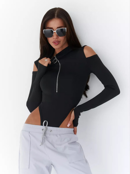 🖤ZASUWA Female Sexy Hollow Out Off Shoulder Zipper Long Sleeve Bodysuit