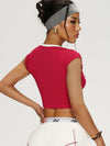 ZASUWA Female Red Deep V Print Ribbed Short Sleeves
