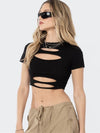 ZASUWA Female Sexy Solid Color Round Neck Hollow Out Short Sleeves