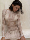 ZASUWA Female Sexy Fishnet Hollow Out Long Sleeves Swimwear Cover Dress Without Bikini Set