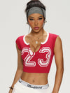ZASUWA Female Red Deep V Print Ribbed Short Sleeves