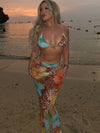 ZASUWA Female Sexy Backless Flowers Print Mesh 3-Pieces Bikini Set
