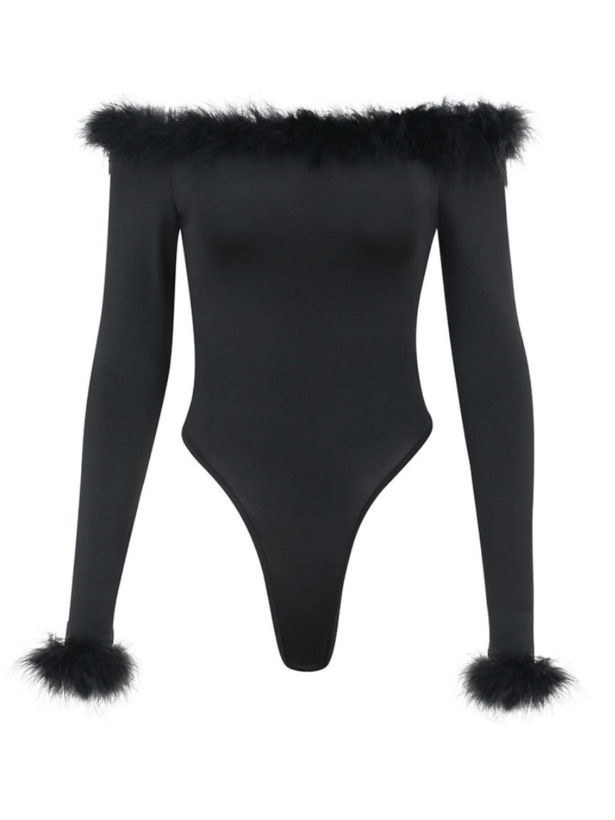 Feather Trim Off-Shoulder Long Sleeve Bodysuit