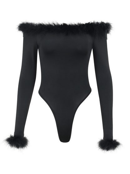 Feather Trim Off-Shoulder Long Sleeve Bodysuit