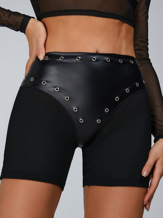 🖤ZASUWA Female Rivet Fly-eye Quick-dry Faux Leather Spandex Gym Booty Shorts