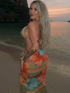 ZASUWA Female Sexy Backless Flowers Print Mesh 3-Pieces Bikini Set