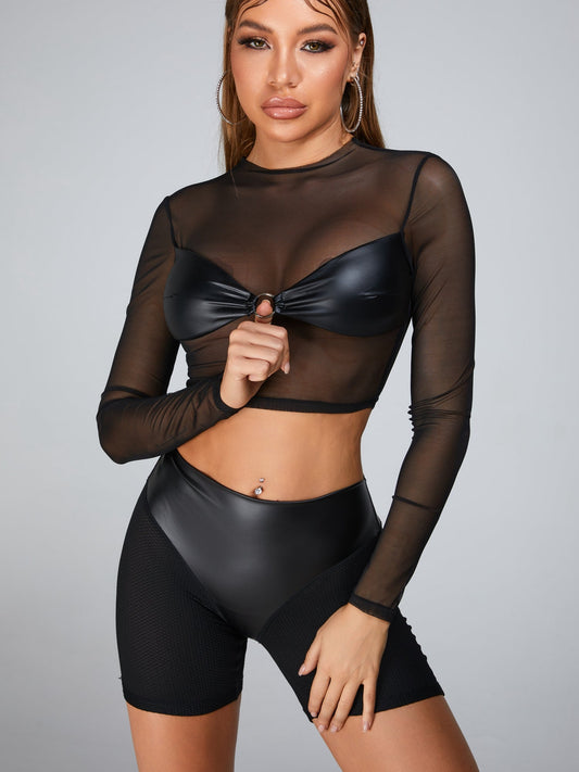 🖤ZASUWA Female Fly-eye Quick-dry Faux Leather  Sheer Mesh Quick-dry Short Tracksuit