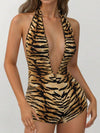 ZASUWA Female Sexy Tiger Stripes Print Backless Hollow Out Deep V Romper