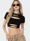 ZASUWA Female Sexy Solid Color Round Neck Hollow Out Short Sleeves