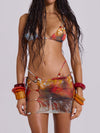 ZASUWA Female Fashion Sexy Natural Texture Print Mesh 3-Pieces Hollow Out Bikini Set