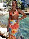 ZASUWA Female Sexy Backless Flowers Print Mesh 3-Pieces Bikini Set