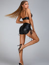 ZASUWA Female PU Faux Leather Folds Drawstring Short Tracksuit