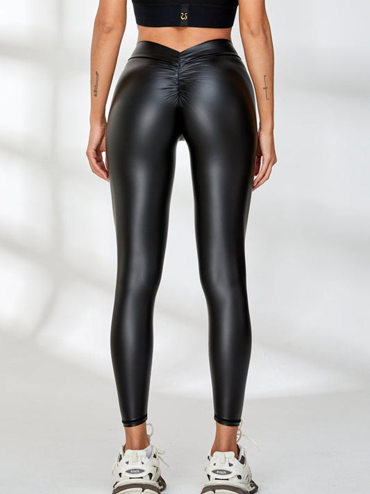 🖤ZASUWA Female Faux Leather Deep V Back Scrunch Bum Leggings