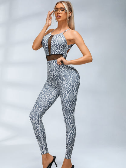 Sexy Fishnet Snake Print Backless Jumpsuits