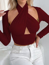 ZASUWA Female Sexy Hollow Out Halter Splicing Long Sleeves