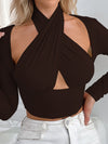 ZASUWA Female Sexy Hollow Out Halter Splicing Long Sleeves