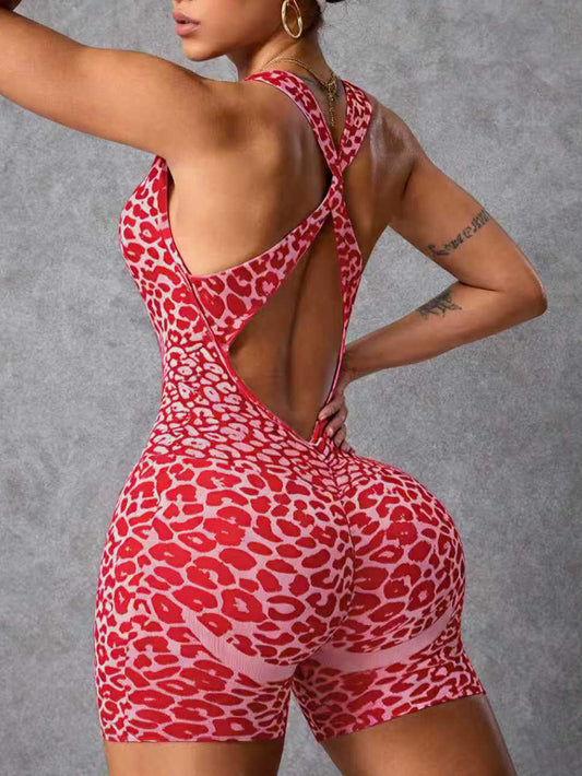 ZASUWA Female Sexy Leopard Print Cross Back Deep V Back Scrunch Bum Romper