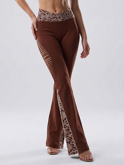 Women's Leopard Print High-Waisted Flare Leggings with Cutouts