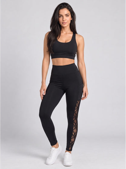 Women's High-Waisted Lace Panel Active Leggings with Pockets