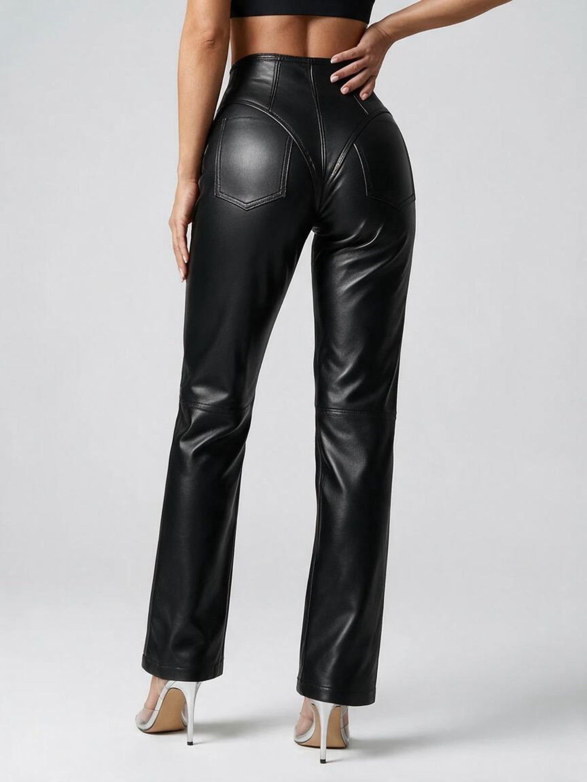 High-Waist Liquid Leather Front Zip Slim Fit Pants