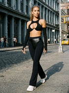 Women's Black Faux Leather Panel Flare Leggings