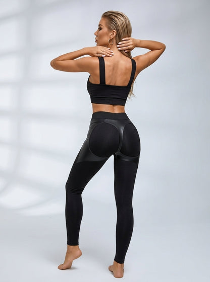 Black Faux Leather Panel High Waist Sculpting Leggings