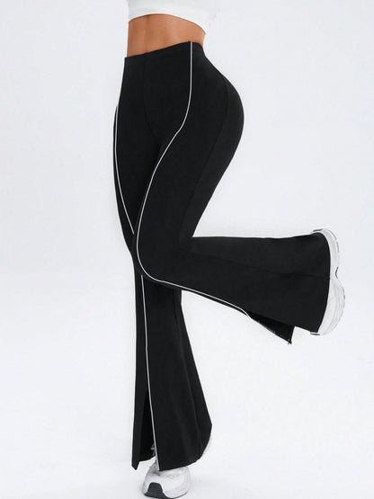 High-Waisted Flared Leggings with Contrast Piping and Split Hem