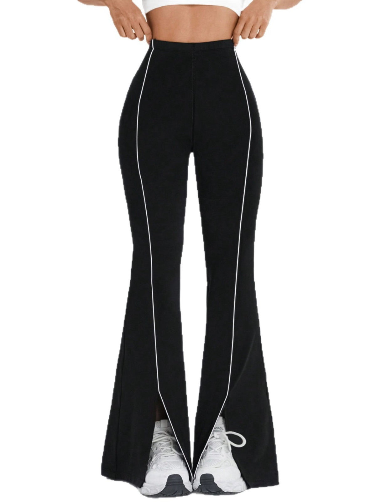 High-Waisted Flared Leggings with Contrast Piping and Split Hem
