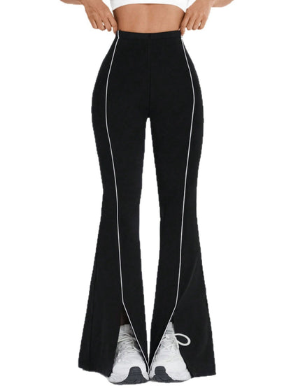 High-Waisted Flared Leggings with Contrast Piping and Split Hem