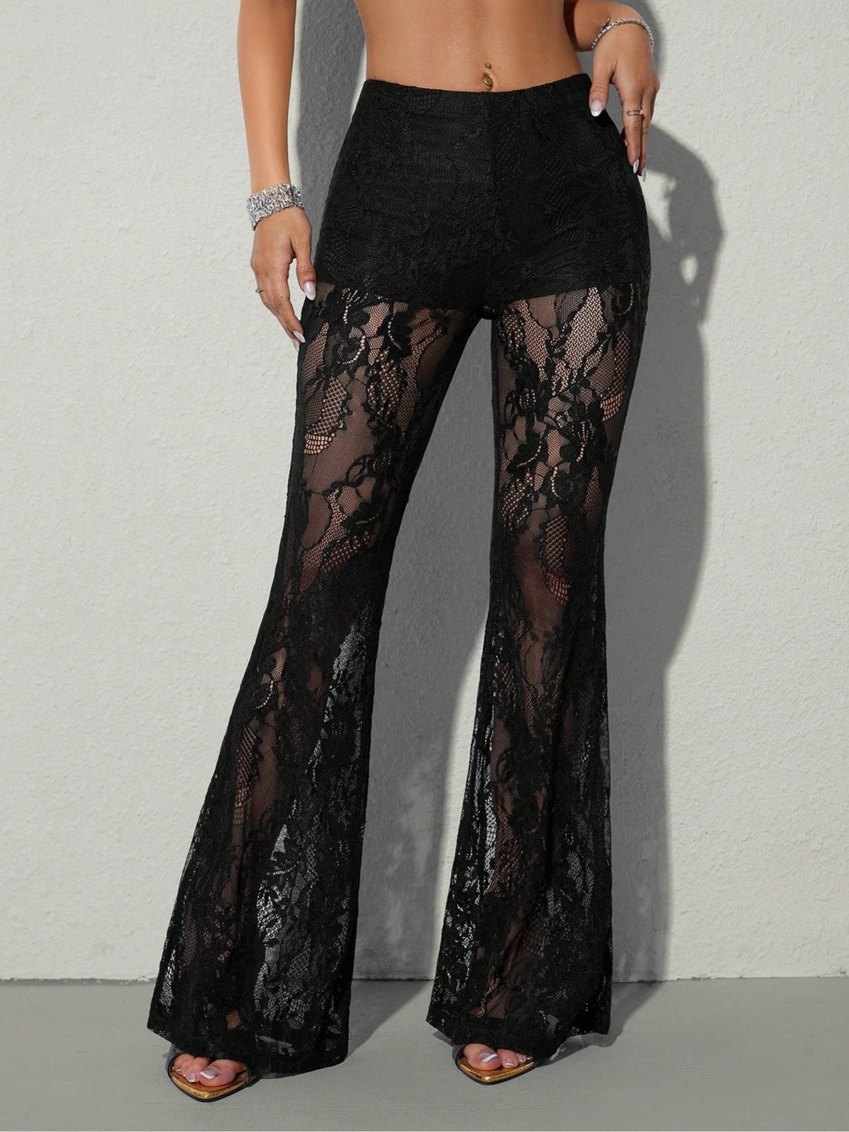 Women's High-Waist Sheer Lace Flare Pants